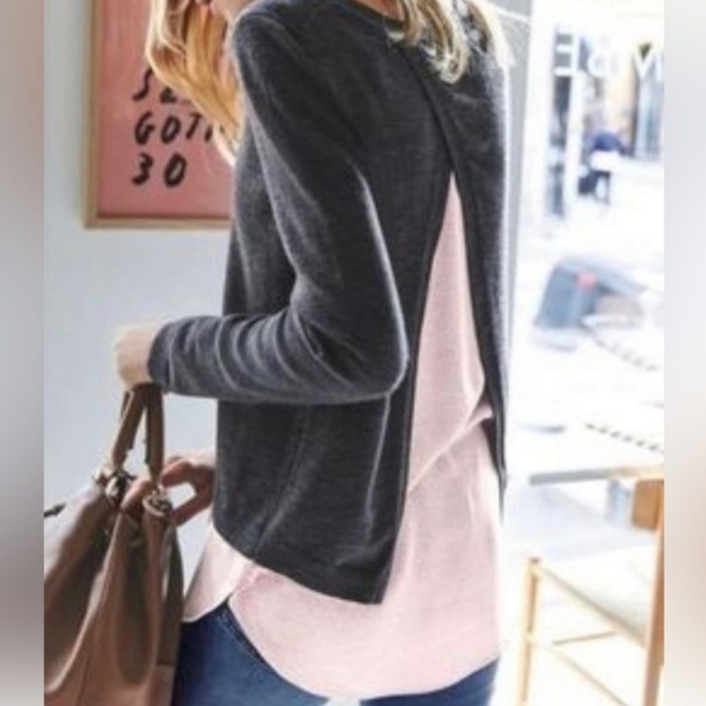 Boden Charcoal Gray Open-Back Crew Sweater with Light Pink Lining